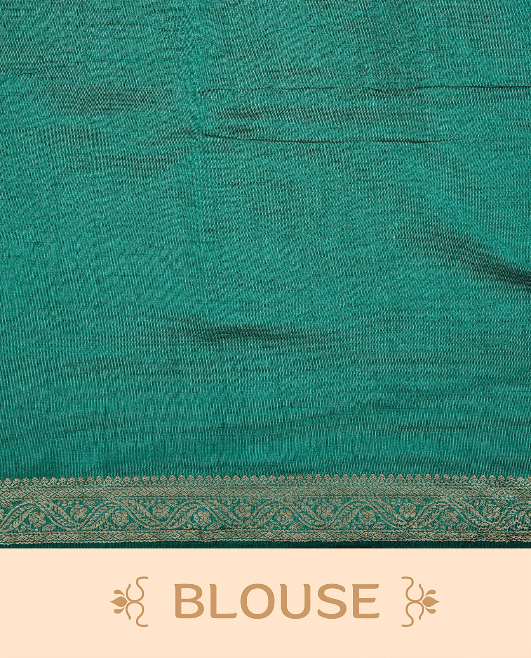 Cream colour Semi Tussar silk saree featuring an elegant plain body, accentuated by a contrast Green border adorned with intricate gold floral kodi zari work, paired with a matching blouse piece.