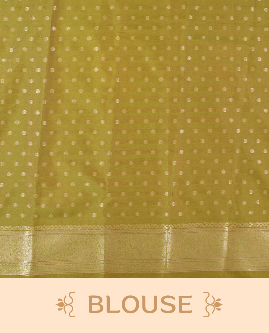 Olive Green colour semi silk saree adorned with floral motifs on the body, complemented by a shimmering golden zari-woven pallu and border, and paired with a matching blouse