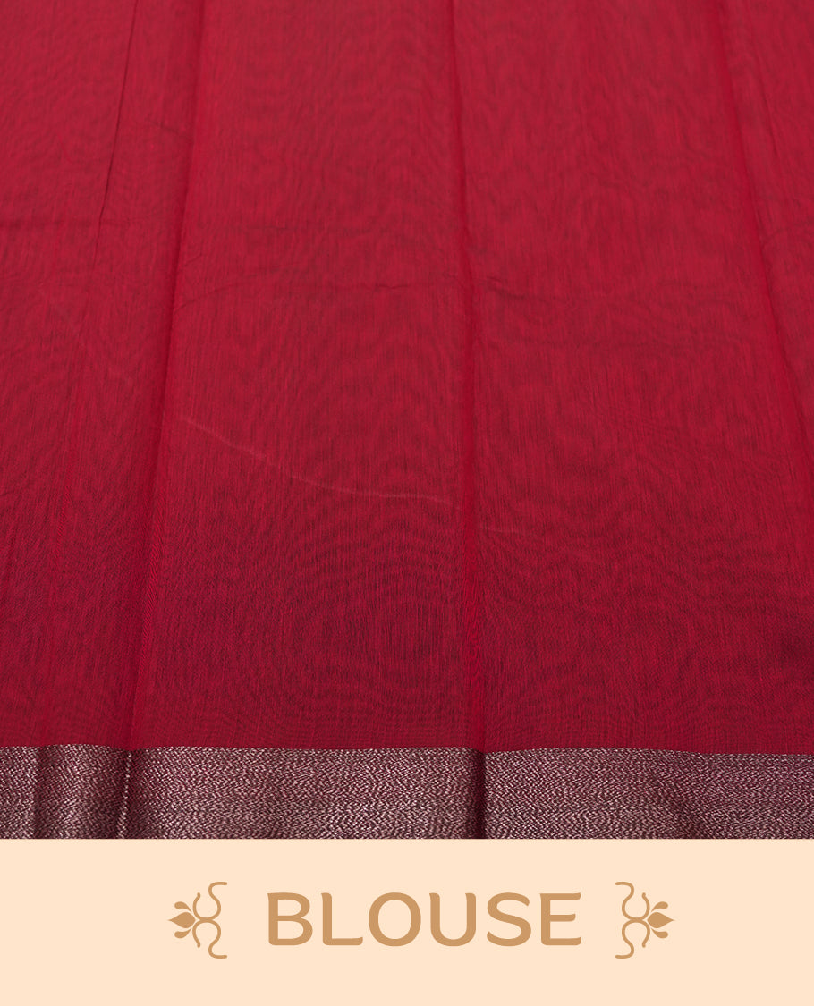 Maroon Red Colour Silk Cotton Saree with Dark Silver Floral Butta Body, Self Coloured Dark Silver Zari Pallu & Border, Floral Vine Motifs, and Matching Plain Woven Blouse Piece
