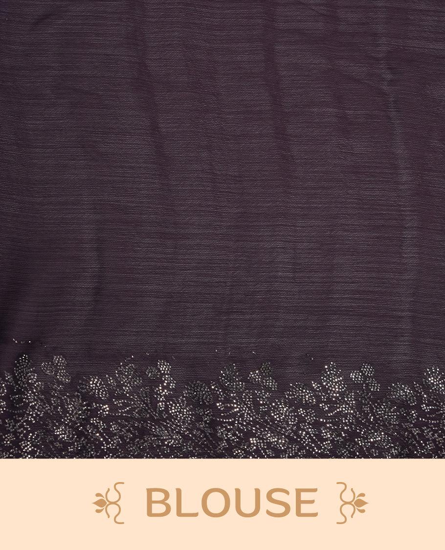 Dark Purple Colour Chiffon Designer Saree featuring Delicate White Stone Work All Over the Body, with Stone Detailing on the Border and Pallu, paired with a Matching Blouse.