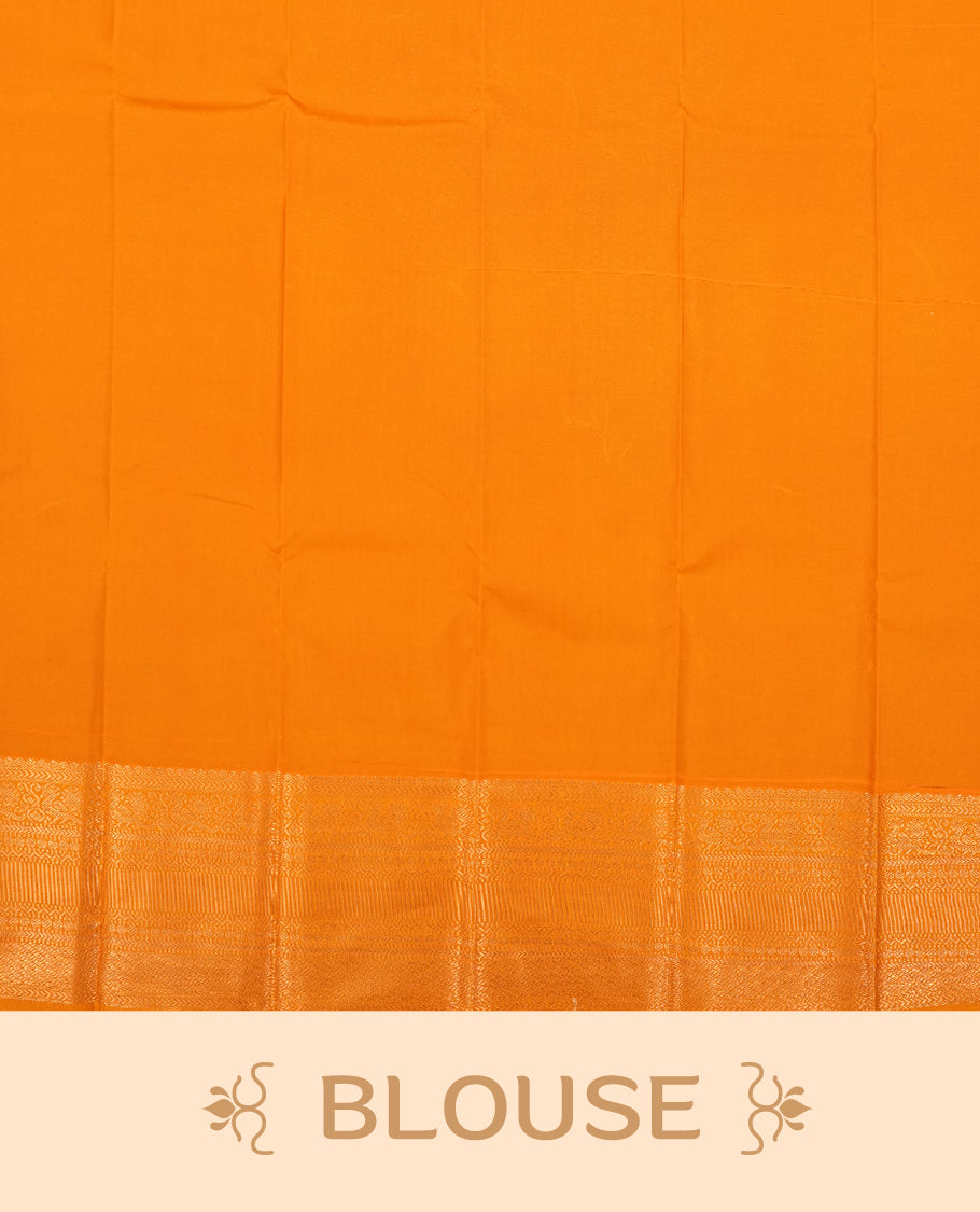 Rani pink colour Semi Silk Saree with gold zari striped patterns on the body, paired with a contrasting mustard traditional pallu and border, and a matching blouse piece.