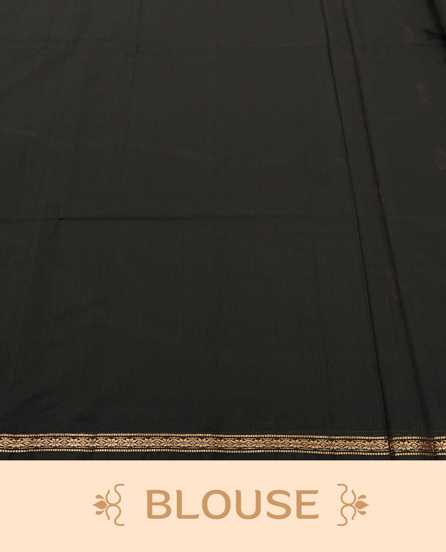 Black colour Silk Cotton Saree with Tiny Gold Zari Star Buttas on the Body, Antique Gold Tissue Panel on the Pallu, Slim Floral Zari Borders, and a Plain Black Blouse with Matching Border