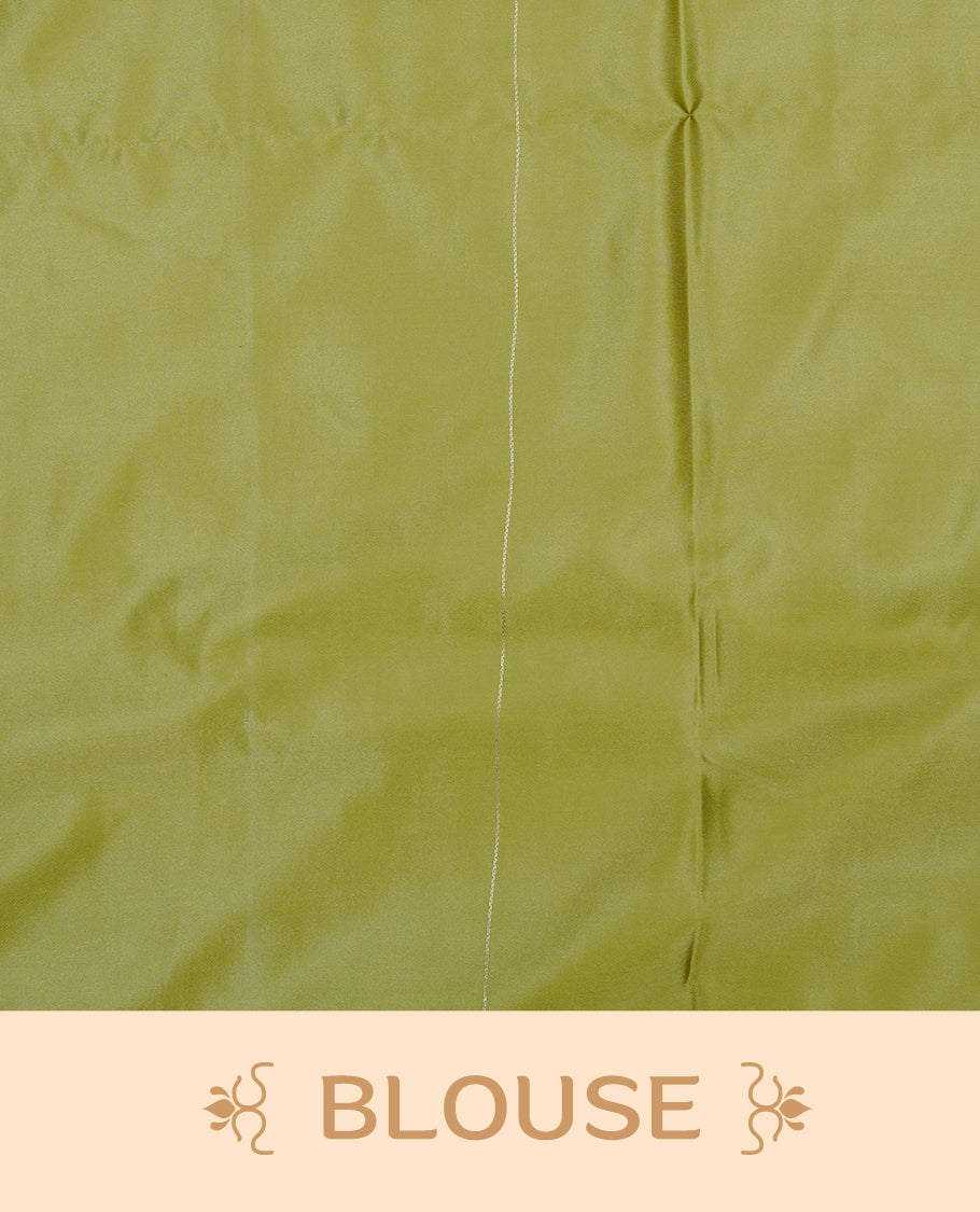 Olive colour Mulberry silk saree featuring light gold small buttas & big motifs onbody, complemented by self colour with Light gold zari floral Border, comes with matching blouse piece.