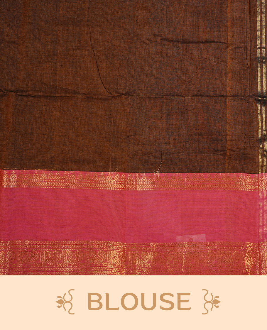 Brown colour chettinad cotton saree featuring Elegant plain body, complemented by contrast Magenta With Gold zari Border, paired with Matching blouse piece.