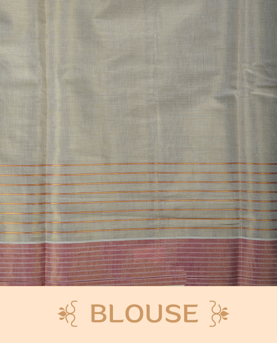 Light gold colour Tissue Kerala saree featuring a Plain body, an intricately woven gold and pink traditional border with floral print paired with a matching blouse.