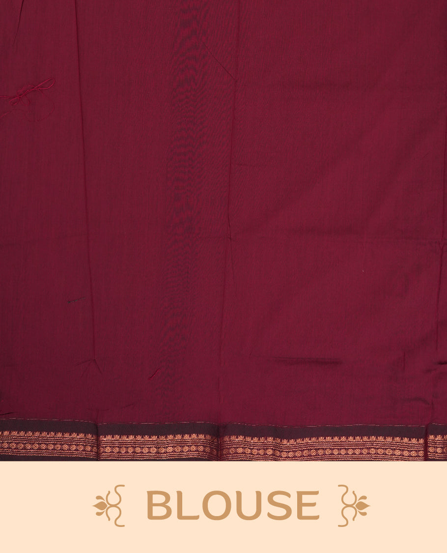 Blue colour Kalyani Cotton saree in deep maroon with golden motifs, paired with a contrasting maroon border featuring intricate zari work & Comes with a matching blouse piece,