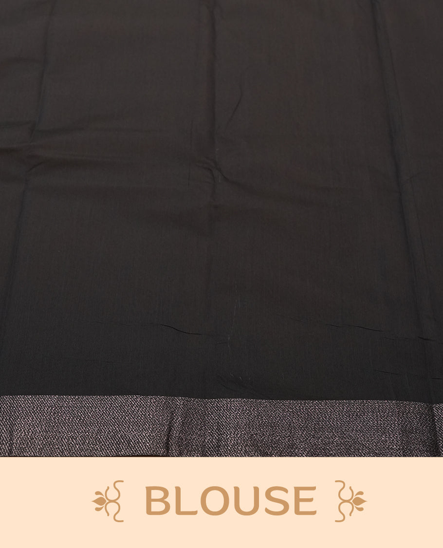 Wine Purple Colour Silk Cotton Saree with Dark Silver Floral Butta Body, Contrasting Charcoal Gray Silver Zari Pallu & Border, Floral Vine Motifs, and Matching Gray Woven Blouse Piece