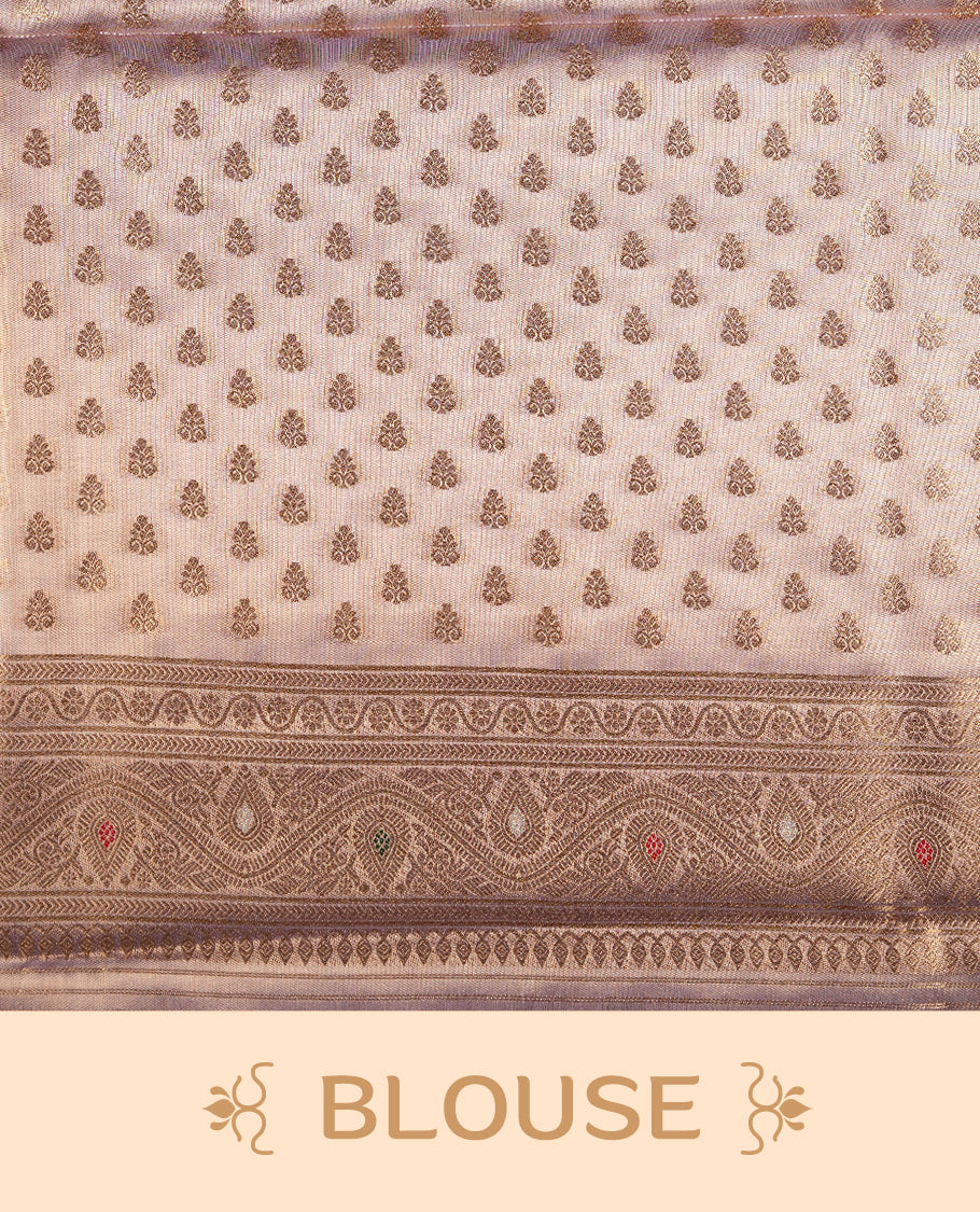 Gold & lavender colour tissue banaras silk saree featuring antique gold zari motifs on the body with rich traditional zari border and pallu, paired with a matching blouse piece.