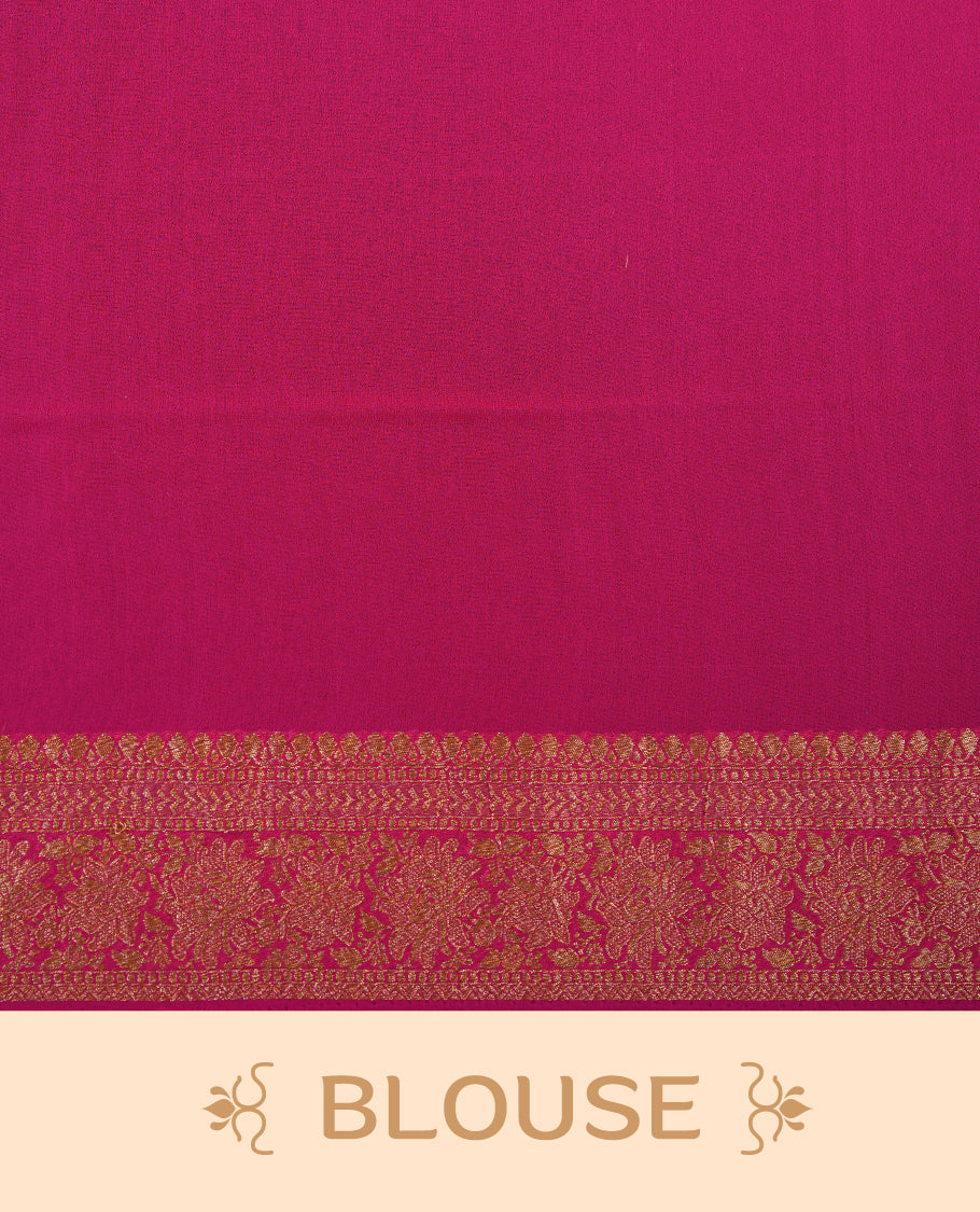 Orange colour pure Banarasi Crepe saree featuring Antique zari Flower Motifs all over the body, complemented by an contrast Pink dye colour with gold zari Floral Kodi Worked border and pallu, with matching blouse.