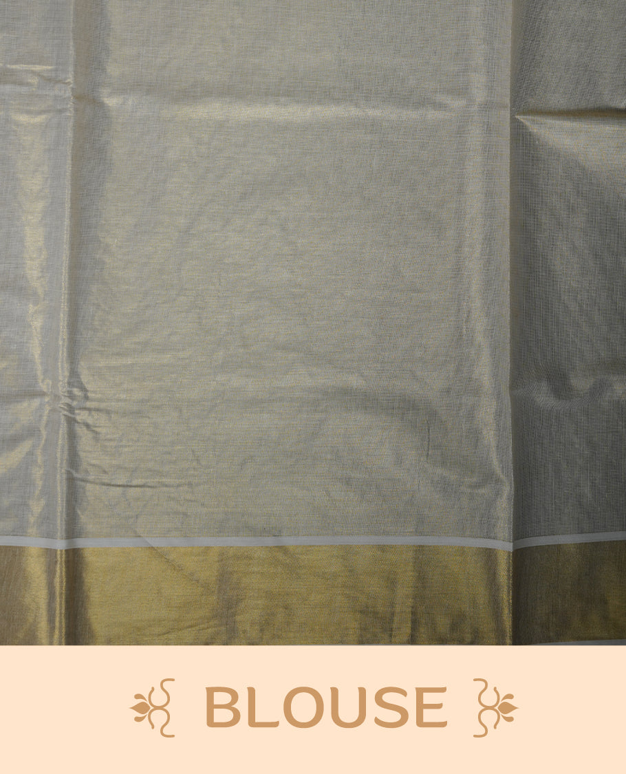 Off white colour Tissue Kerala saree featuring an elegant all-over zari patterned body, complemented by a rich golden zari border and traditional pallu, paired with a matching blouse.