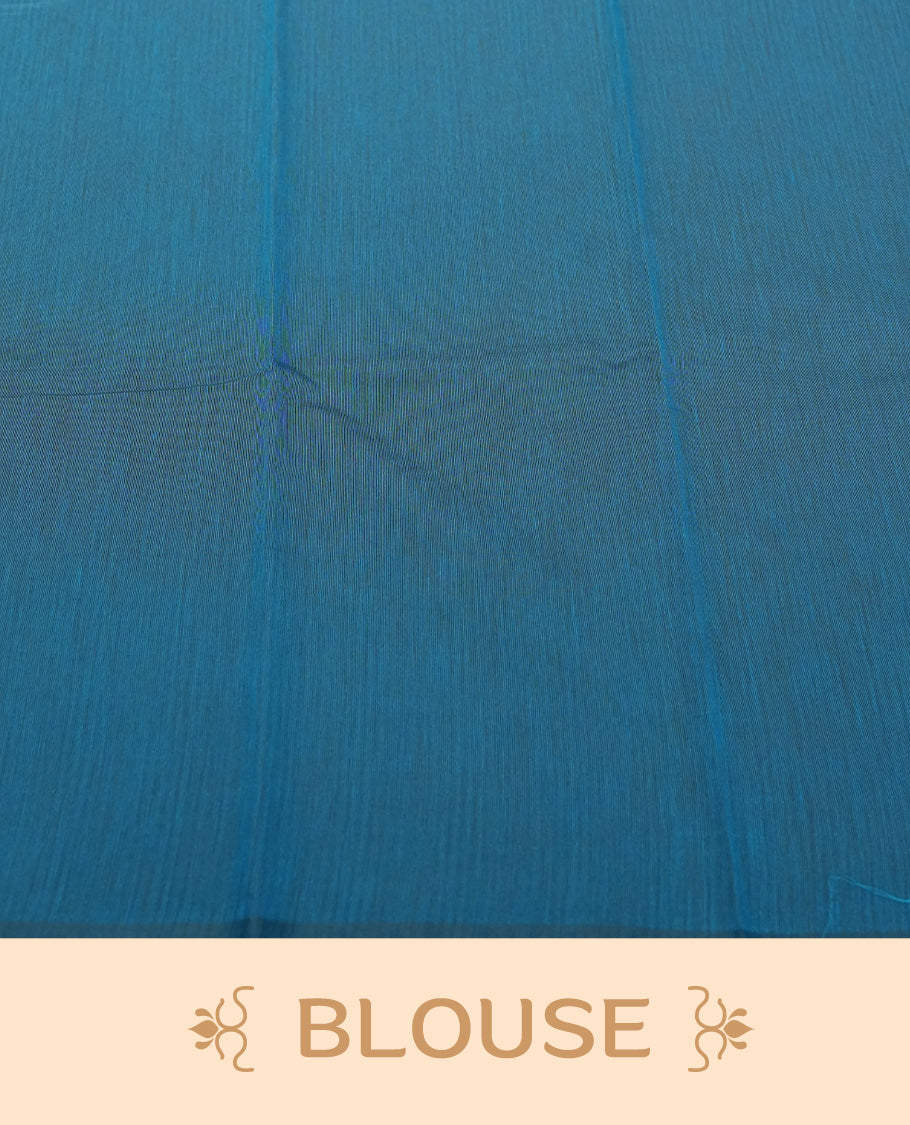 Burgundy Silk Cotton Saree with Red Zari Striped Body, Accented by Pink and Blue Striped Zari Border on Red Pallu, Paired with Matching Blouse Piece