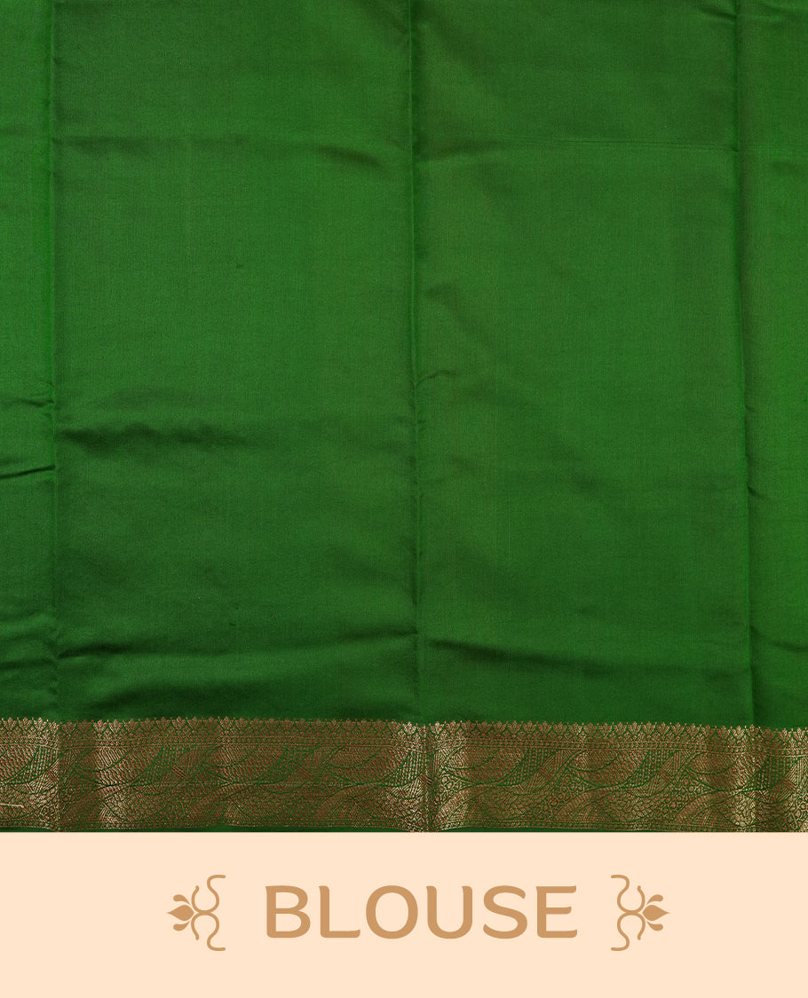 Golden Yellow Colour Banaras Soft Silk Saree with Gold Zari Textured Oval Buttas, Simple Decorative Pallu Border, Grand Pallu with Ornate Floral and Foliate Motifs in Green and Gold Tones, and Matching Forest Green Blouse.