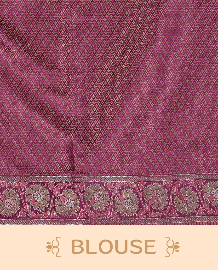 Deep purple colour Mulberry silk saree featuring gold zari elephant & floral kodi pattern across body, complemented by self colour border with gold zari work, comes with matching blouse piece.