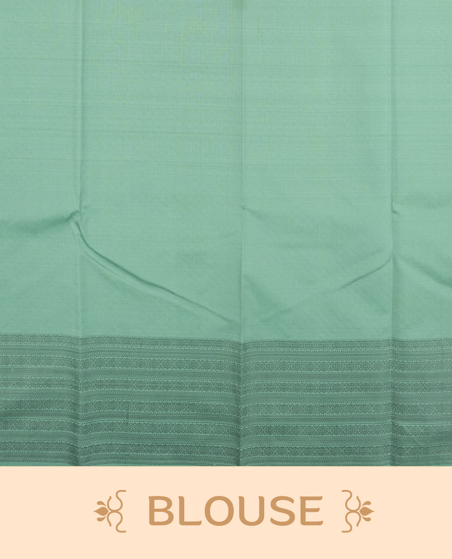 Light aqua colour semi soft silk saree featuring a Gray patterned body, complemented by Gray colour traditional pallu and a matching blouse piece.