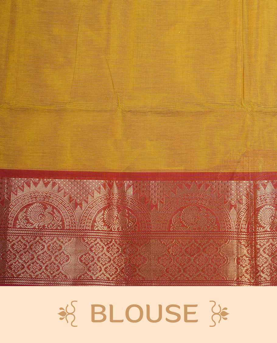 Dark Yellow colour chettinad cotton saree featuring Plain body, complemented by Contrast Brick Red Colour With Gold Zari border, paired with matching blouse piece.