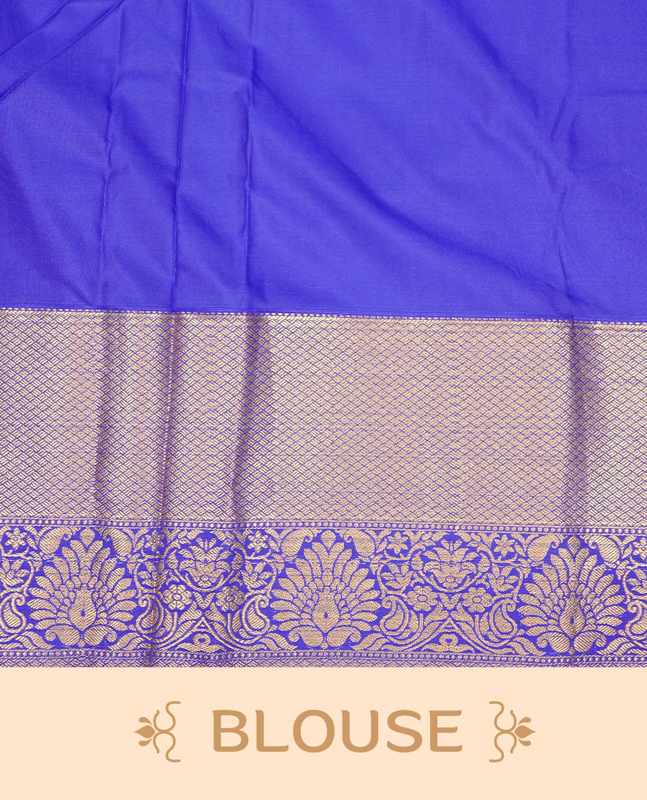 Indigo Colour Wedding Silk Saree Featuring Gold zari Floral kodi pattern on body, complemented by traditional Zari pattern on self colour border, paired with matching blouse piece.