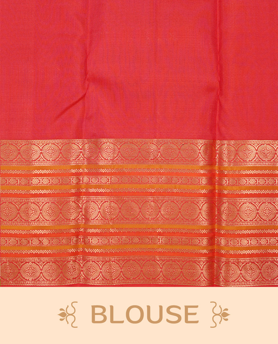 Navy Blue colour Traditional Kancheepuram silk saree featuring gold zari motifs on body, enhanced with contrast Red with traditional border, paired with matching blouse piece.