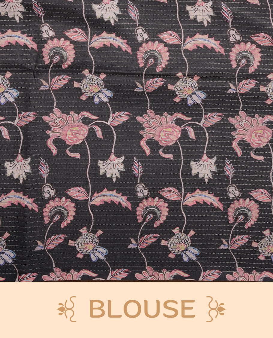 Black colour semi tussar silk saree featuring floral and animal print, zari check pattern across body, self colour border and pallu, paired with matching blouse piece.