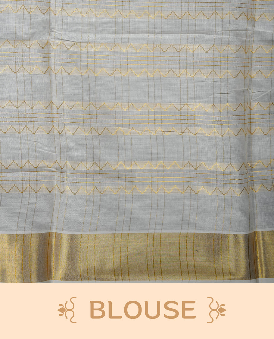 Off white Cotton Kerala saree featuring a subtle zari patterned body, complemented by a classic golden zari border and traditional pallu, paired with a matching blouse.