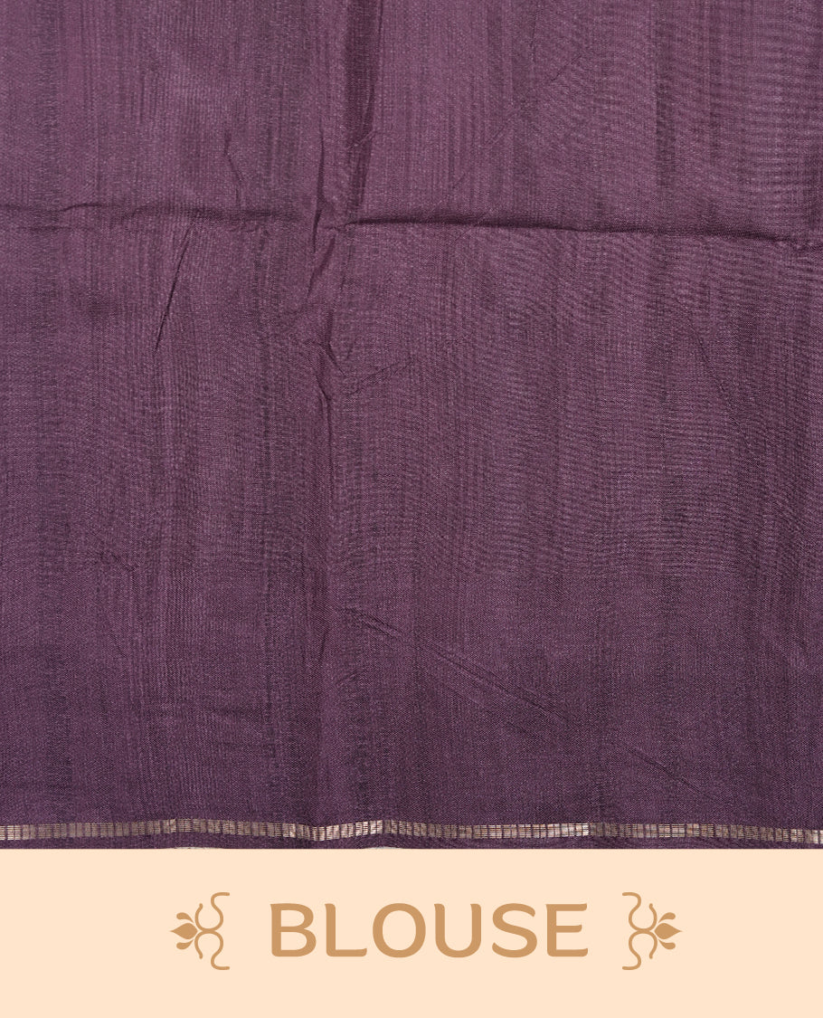 Light Purple colour semi tusser silk saree featuring Gold zari check pattern across body, faded contrast cream colour border with elephant print and paired with matching blouse.