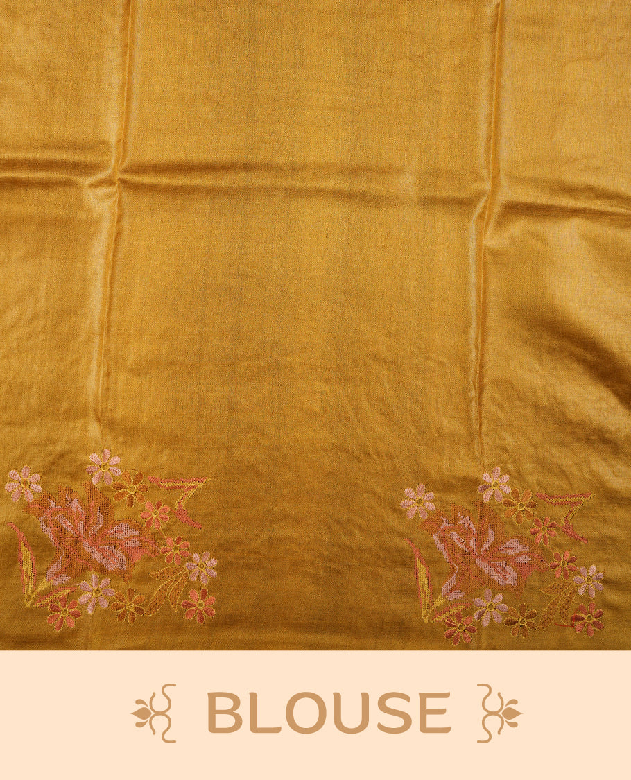 Mustard colour Pure tusser silk saree featuring finely crafted floral thread embroidery detailing on the border, pallu and with matching blouse piece.