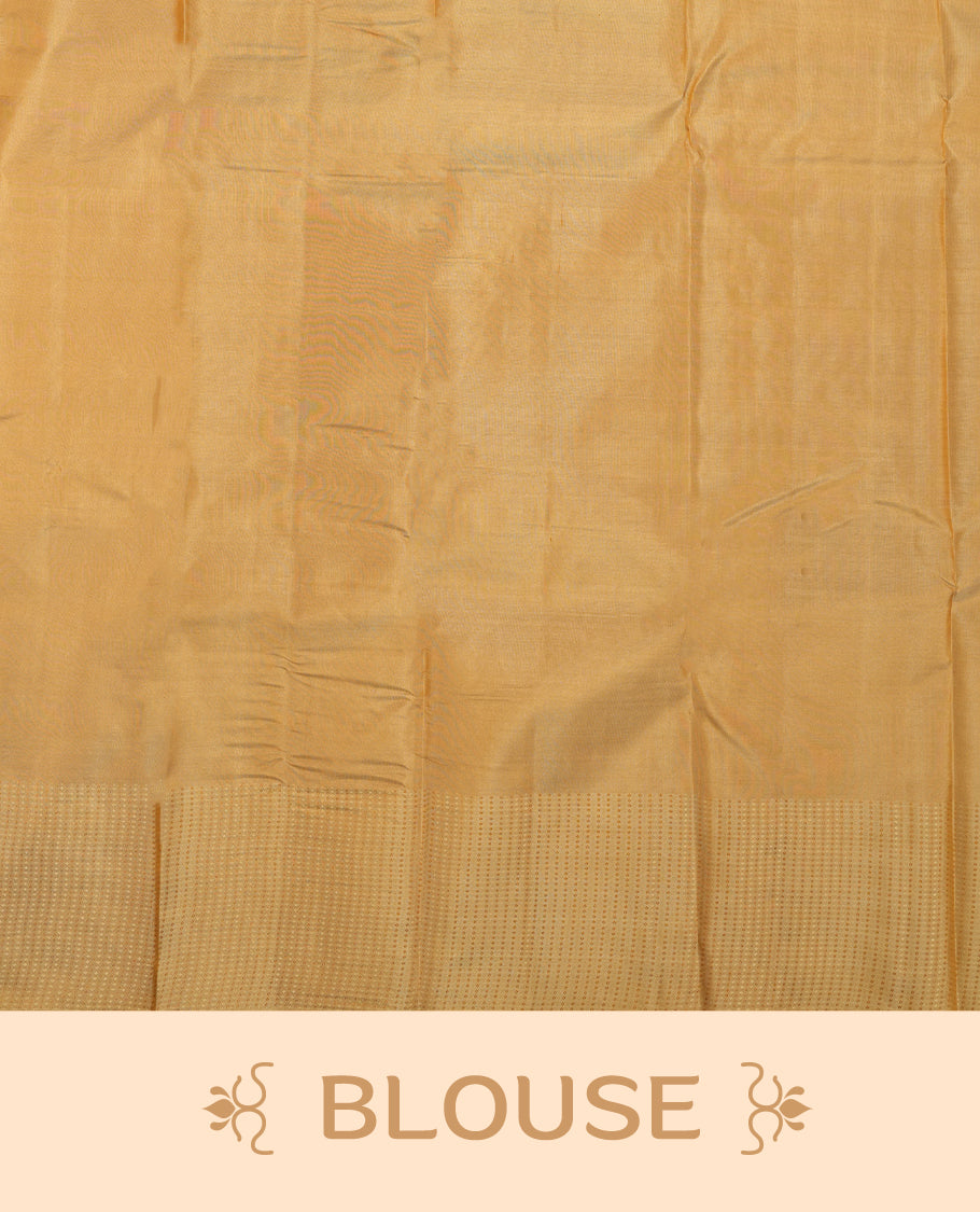 Muted Brown colour Vasundhara silk saree adorned with all-over self coloured motifs on the body, complemented by a self coloured with tiny daimond pattern with gold tree motifs border and paired with a matching blouse piece.