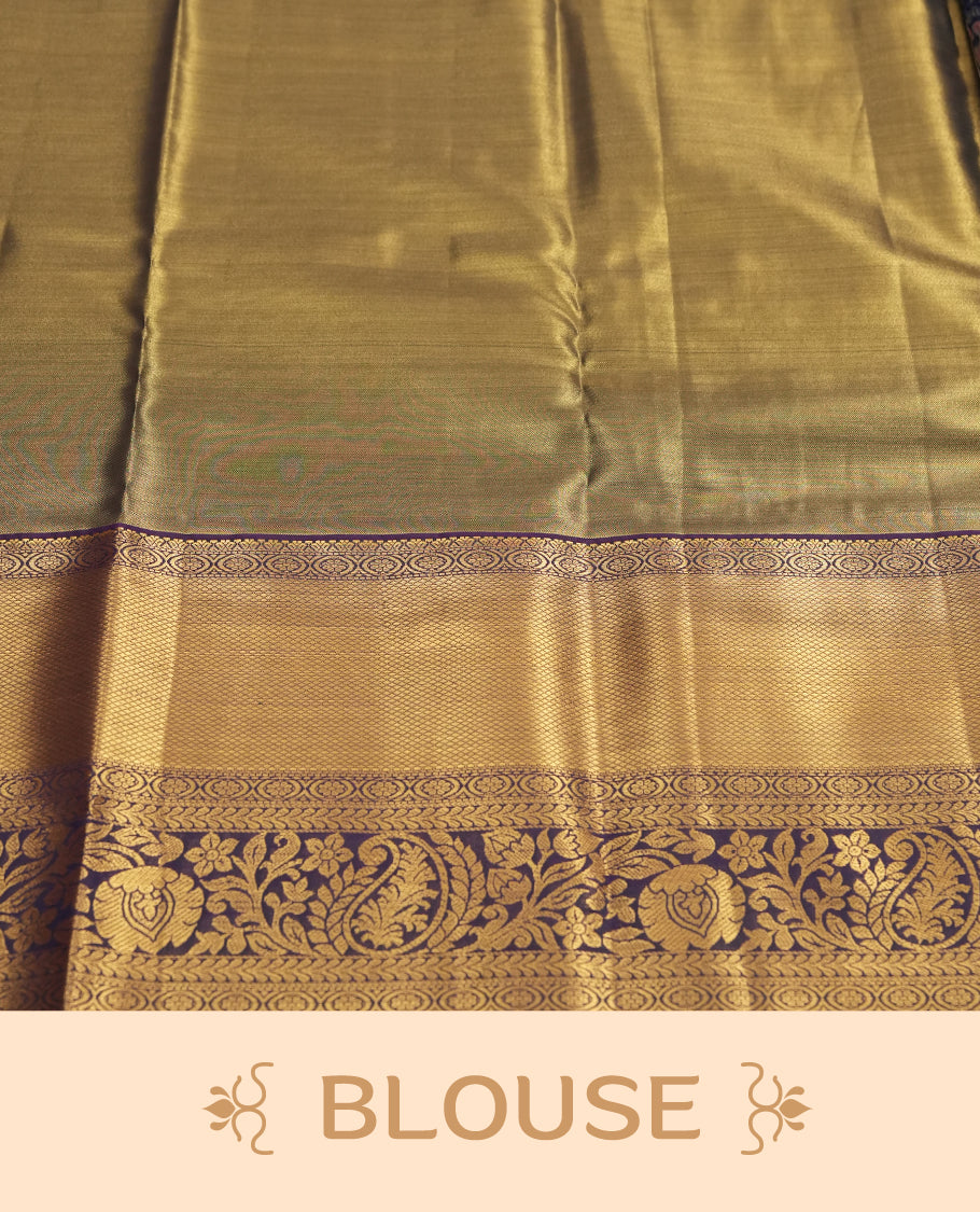 Golden colour and Antique silver Zari Tissue Brocade Saree features intricate a coloured floral Motifs on body and traditional border & pallu with floral patterns, paired with matching blouse