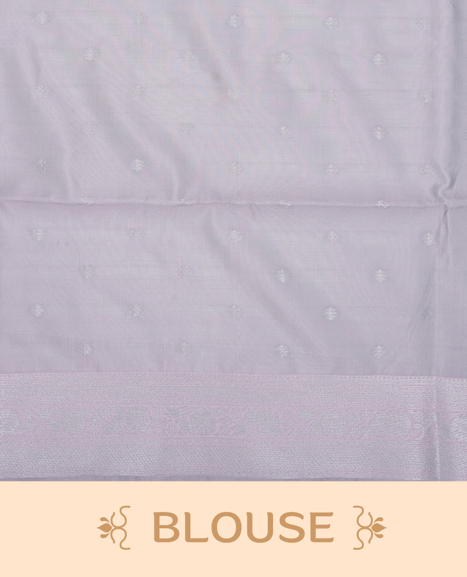 Teal Blue colour semi silk saree featuring Silver zari Geometric pattern on body, complemented by contrast Lavender colour with silver zari border, comes with matching blouse piece.