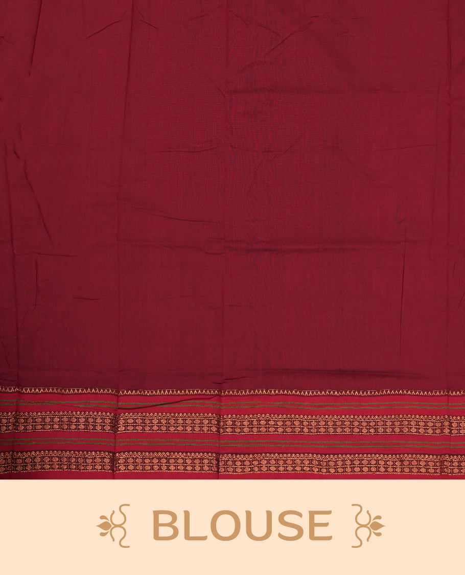Deep mustard yellow Kalayani cotton saree with delicate woven motifs on the body, enhanced by a rich maroon zari border and pallu with traditional patterns, paired with a matching blouse piece.