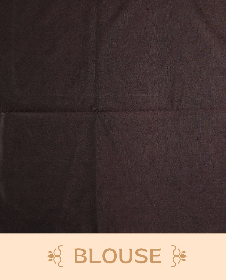 Pastel green colour semi soft silk saree, adorned with subtle self woven motifs on the body & The design is elevated with an elegant zari border and dark chocolate colour pallu, paired with a matching blouse.