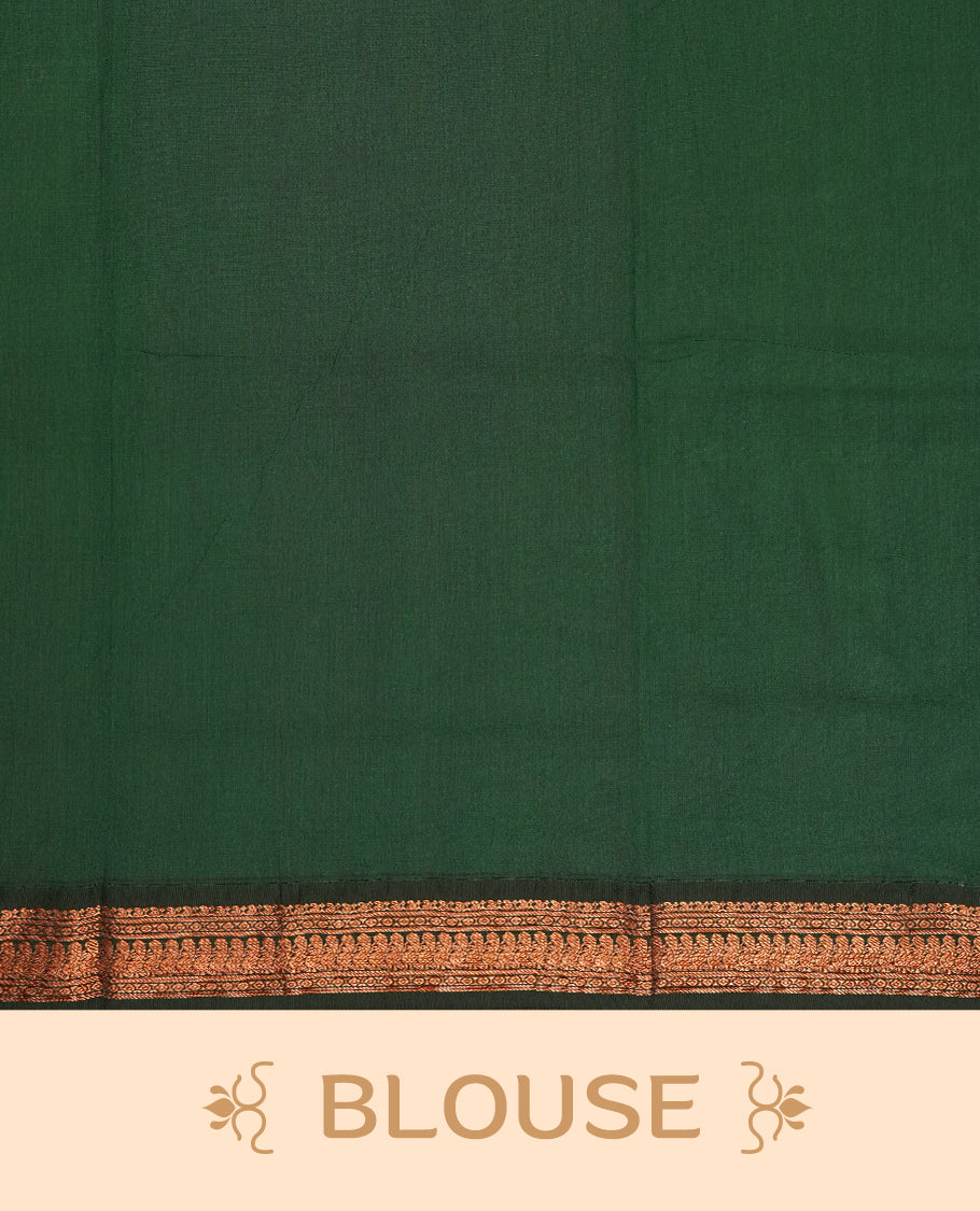 Soft Lavender colour Kalyani Cotton saree with delicate woven zari buttas all over, paired with a contrasting deep bottle green border and pallu intricately woven with rich copper zari & Comes with a matching blouse piece.