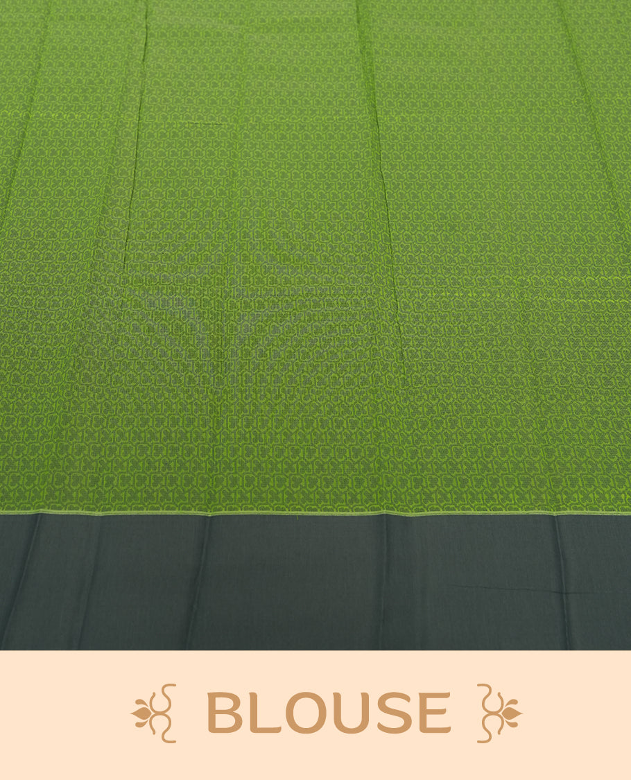 Lemon green colour silk cotton saree featuring elegant floral zari motifs on the body, complemented by a rich contrast dark border and pallu with traditional woven detailing & Comes with a matching blouse piece.