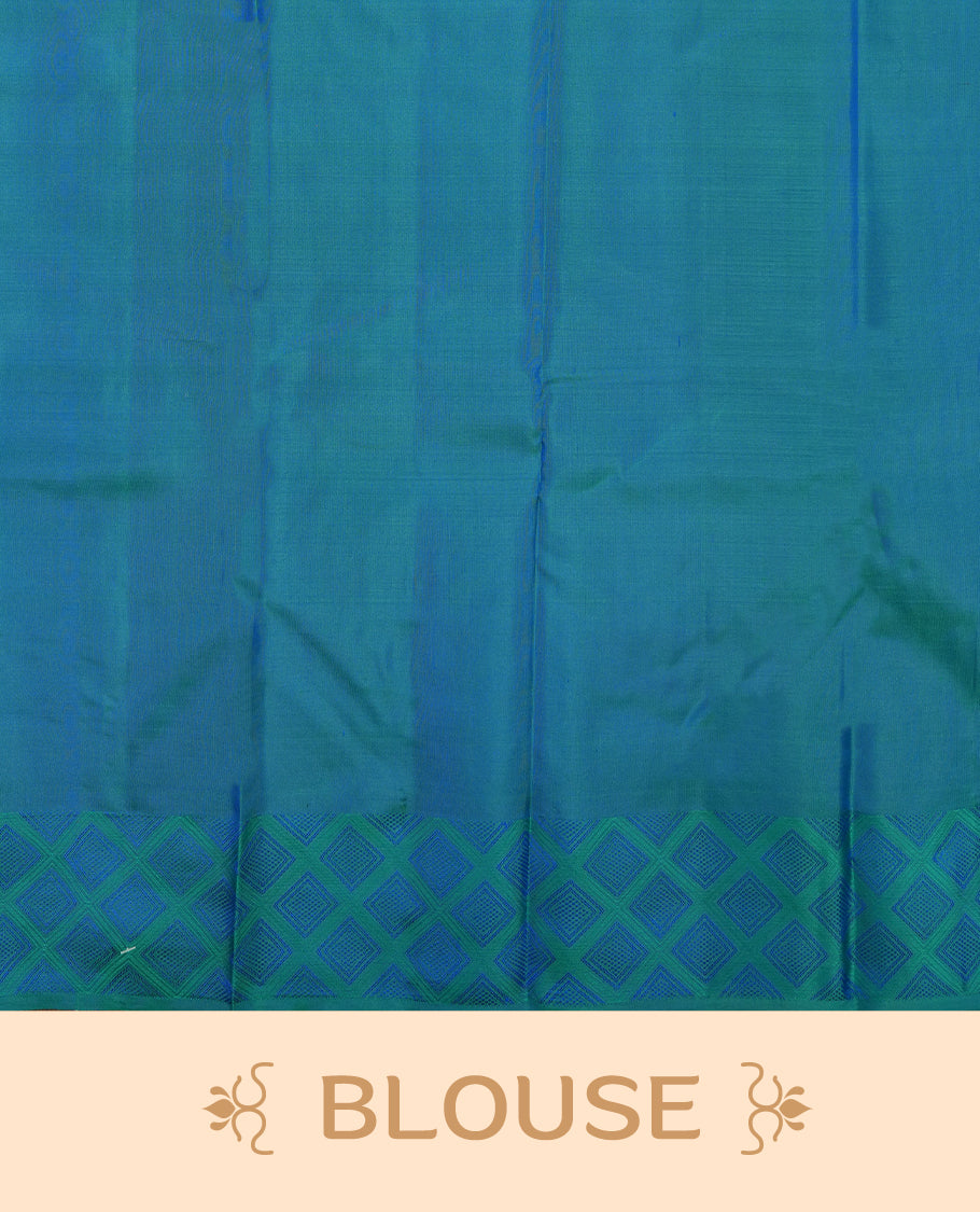 Teal colour Vasundhara silk saree adorned with all-over silver square motifs on the body, complemented by a green & blue box pattern border and paired with a matching blouse piece.