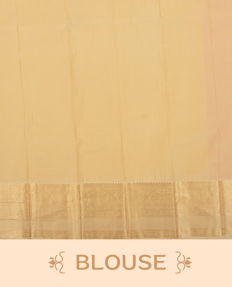 Orange colour Semi Silk Saree with gold zari striped patterns on the body, paired with a contrasting Cream colour traditional pallu and border, and a matching blouse piece.