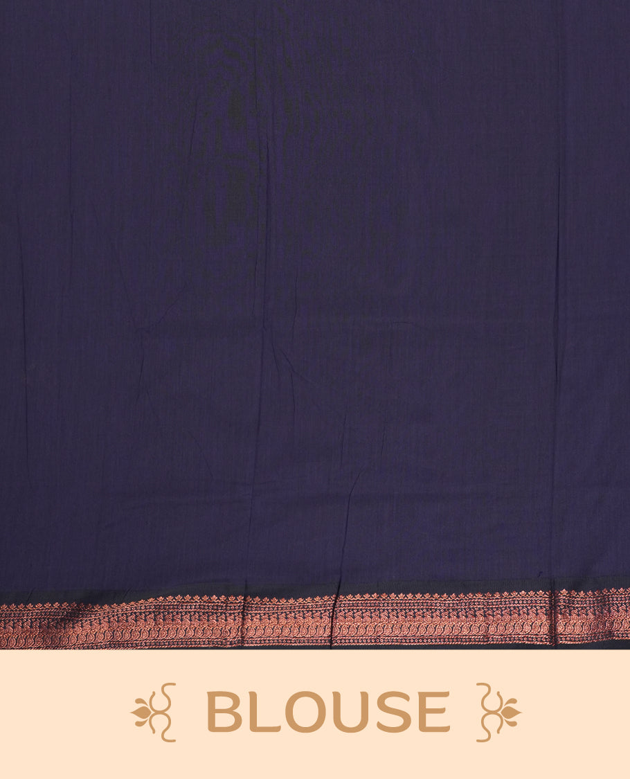 Golden yellow colour Kalyani cotton saree with intricate small motifs all over, paired with a contrasting navy blue rich zari woven border and pallu & Comes with a matching blouse piece.