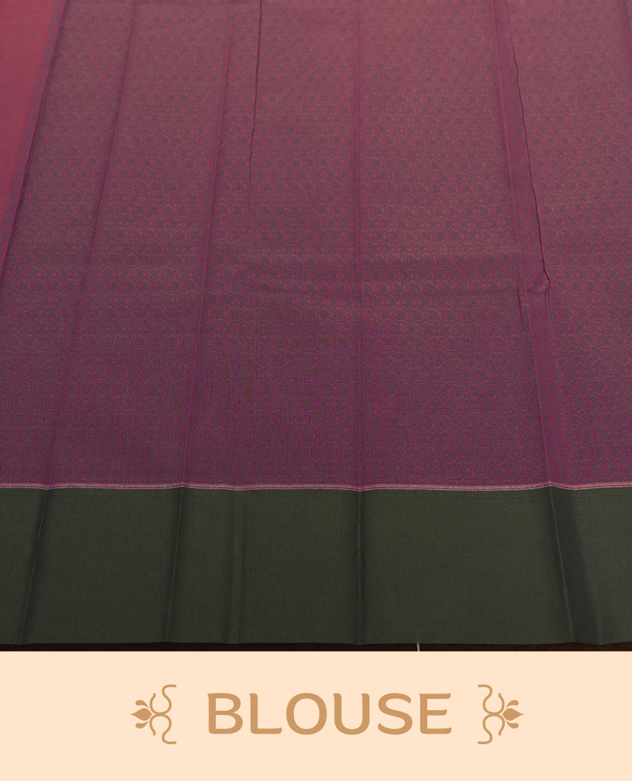Rouge Pink colour silk cotton saree adorned with delicate woven motifs all over the body, paired with an elegant dark plain grey border and richly patterned pallu & Comes with a matching blouse piece for a complete ethnic look.