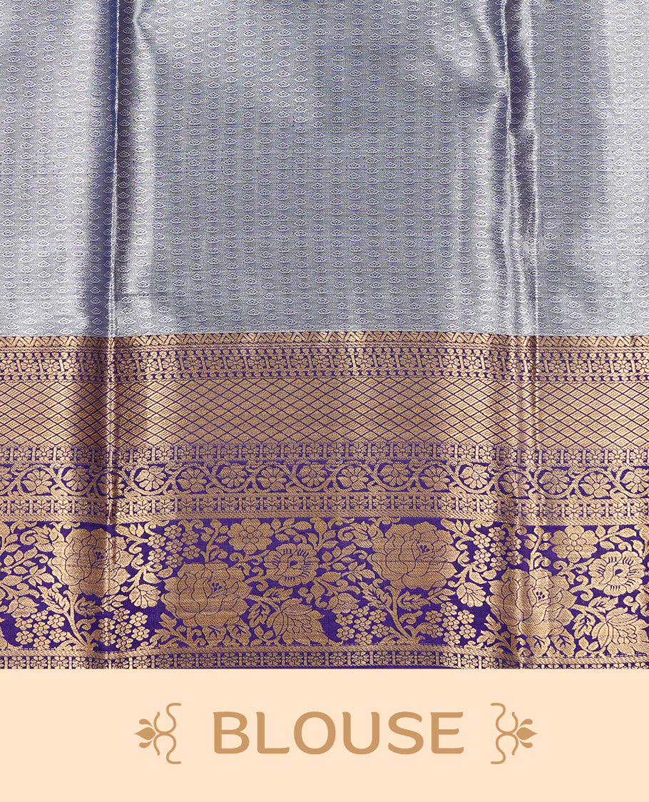 Pink colour tissue silk saree featuring Gold, Blue & silver zari kodi pattern on body, complemented by contrast violet colour with traditional border, paired with matching blouse piece.