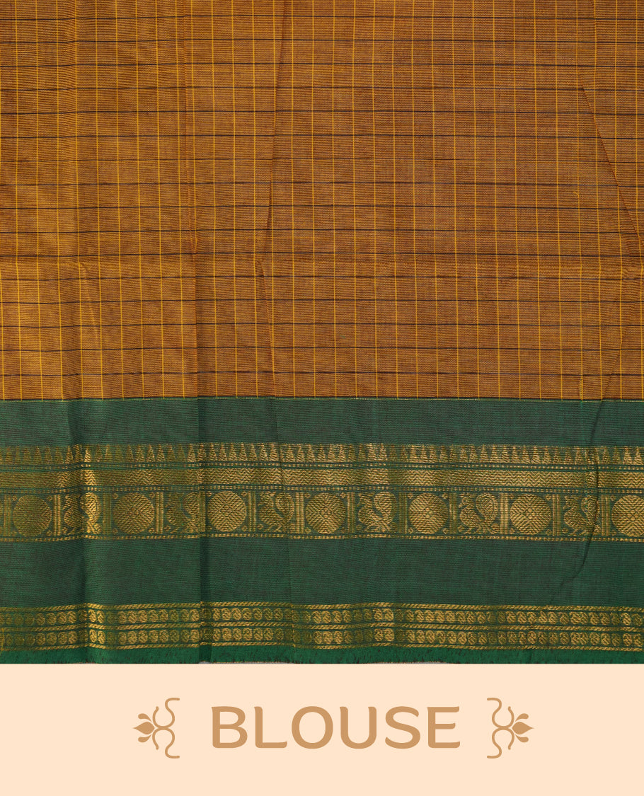 Mustard colour chettinad cotton featuring check pattern on body, complemented by contrast chocolate brown colour with gold zari border, paired with matching blouse piece.