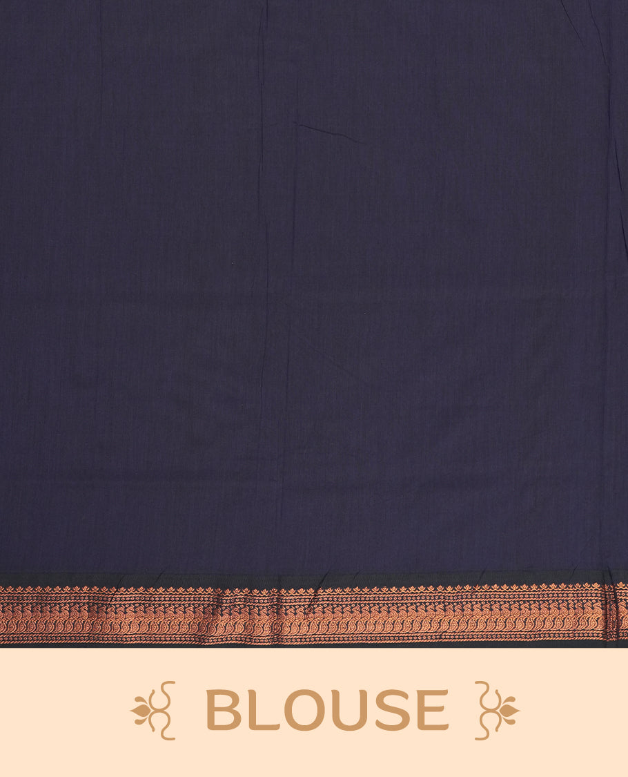 Mustard yellow colour Kalyani Cotton saree with subtle zari woven motifs all over, paired with a contrasting navy blue rich copper zari border & peacock motifs on pallu & Comes with a matching blouse piece.