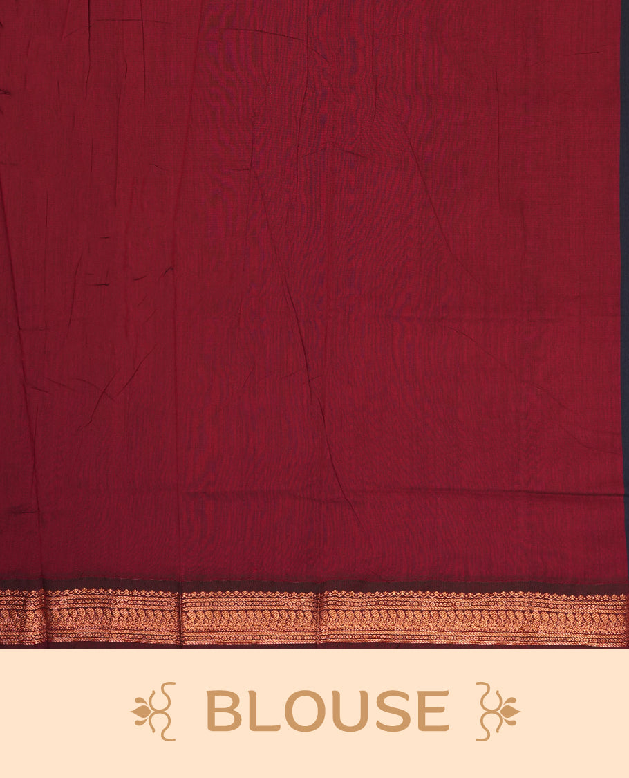 Navy blue colour Kalyani Cotton saree with deep maroon border and pallu, adorned with copper zari peacock motifs and intricate weaving & Comes with a matching blouse piece.