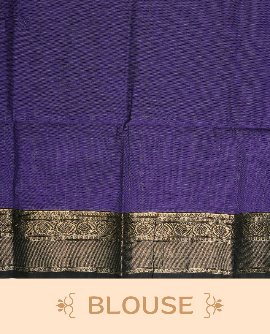 Violet colour chettinad cotton saree featuring Stripes on body, complemented by Contrast Black Colour With Gold Zari border, paired with matching blouse piece.