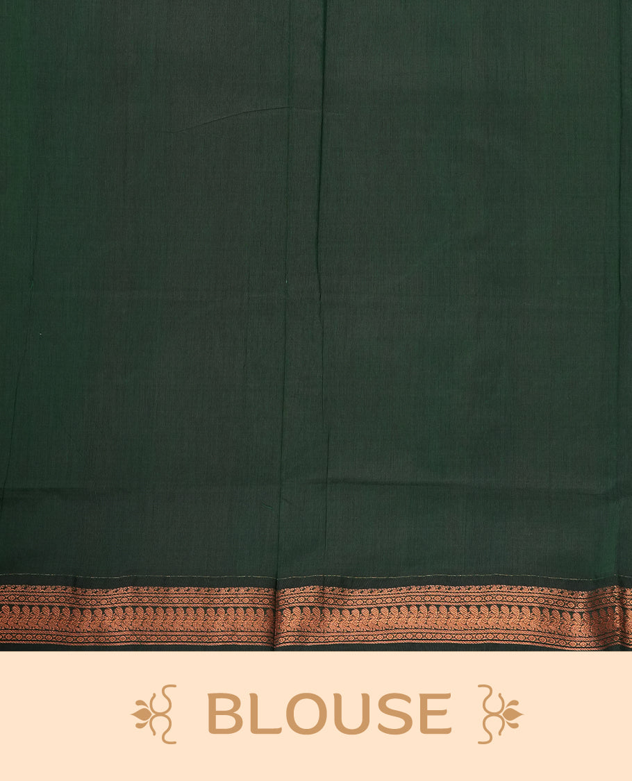 Purple colour Kalyani cotton saree with intricate small motifs all over, paired with a contrasting dark green rich zari woven border and rich peacock worked pallu & Comes with a matching blouse piece