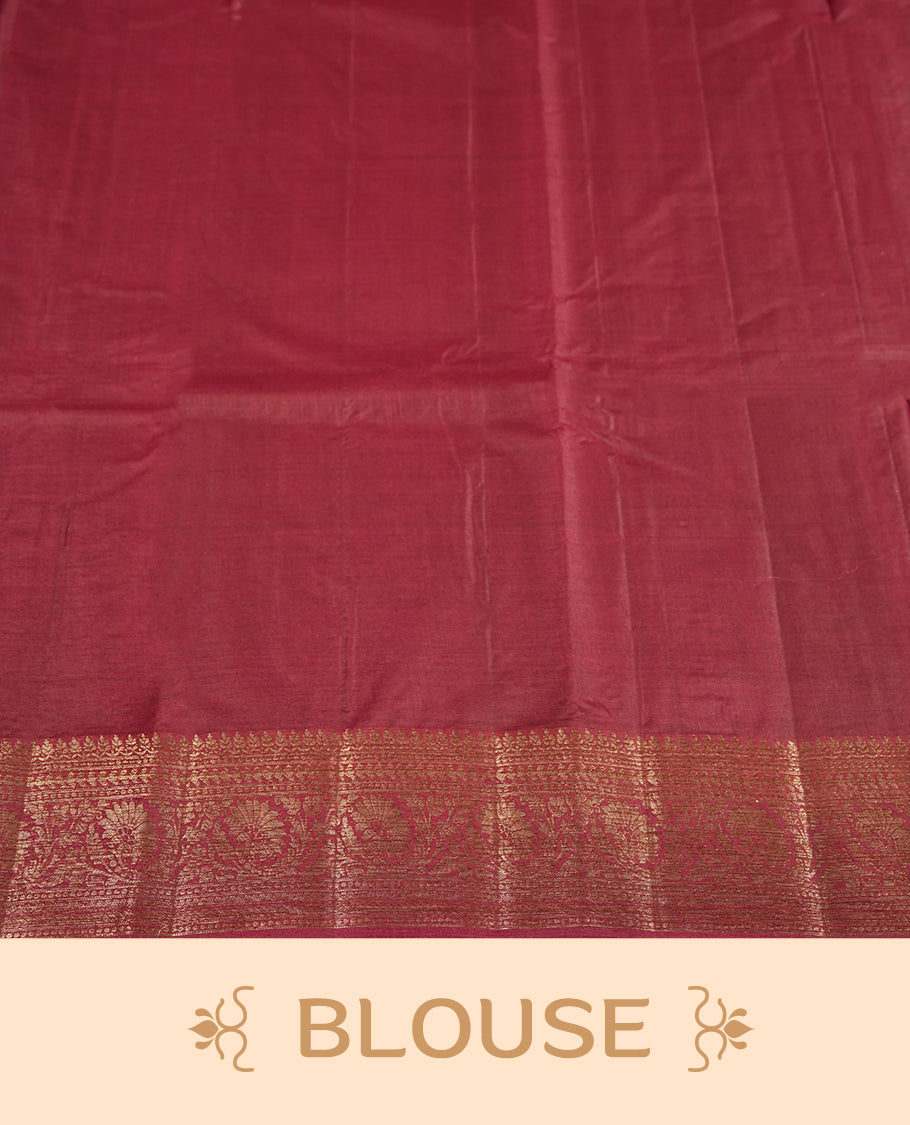 Maroon colour pure banarasi tussar Saree with antique design & golden motifs on the body, accentuated with an elegant traditional border, rich woven pallu and matching blouse piece.
