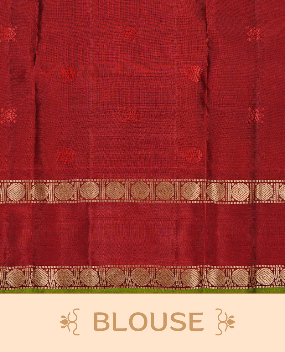 Black colour Traditional Kancheepuram silk saree featuring gold zari motifs on body, enhanced with contrast Red with traditional with green piping border, paired with matching blouse piece.