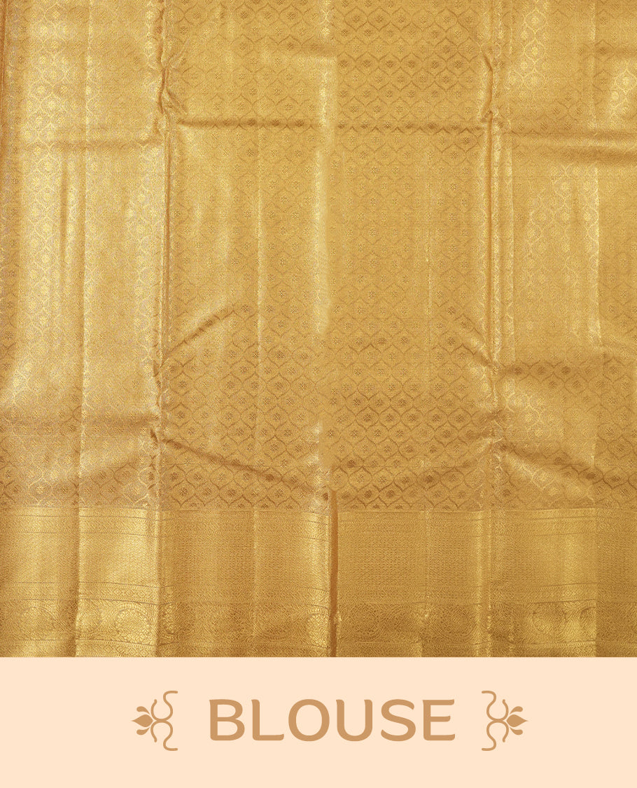 Golden colour and gold Zari Tissue Brocade Saree features intricate Dimond floral Motifs on body and self coloured border & pallu, paired with matching blouse
