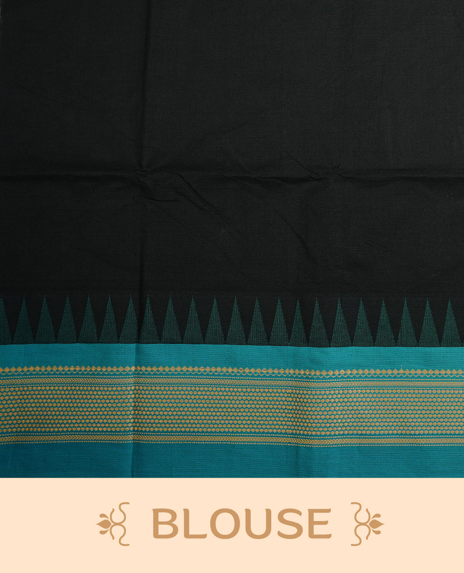 Black colour chettinad cotton saree featuring elegant plain body, complemented by contrast Aqua Colour with cream colour zari pattern on border, paired with matching blouse piece.