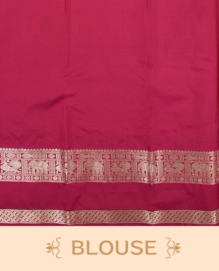 Mustard yellow colour semi soft silk saree featuring a gold coloured textured patterned body, complemented by contrast maroon golden traditional motifes on pallu & border and a matching blouse piece.