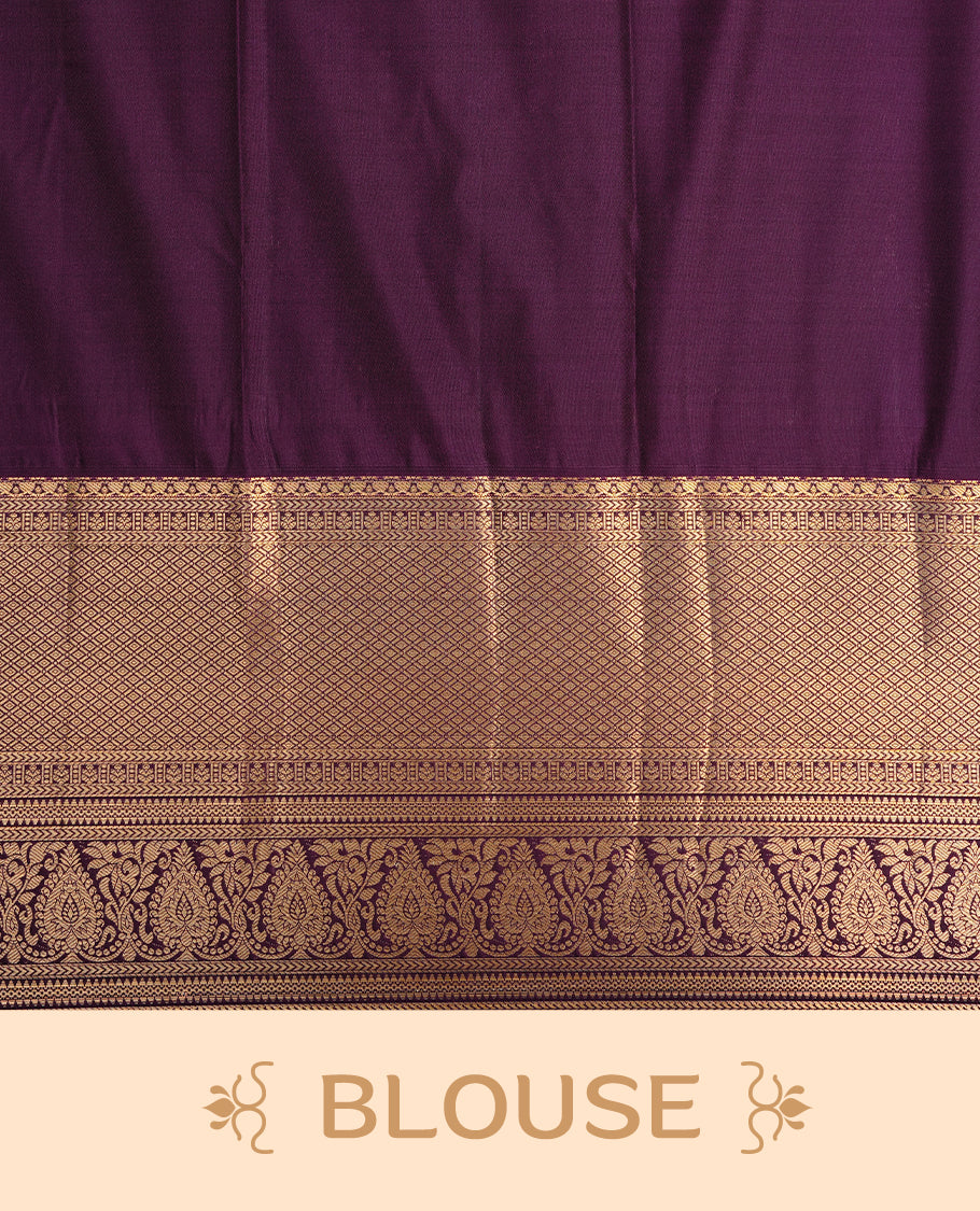 Light aqua colour semi wedding saree featuring gold zari motif on check pattern on body, complemented by contrast purple with traditional border, paired with matching blouse piece.