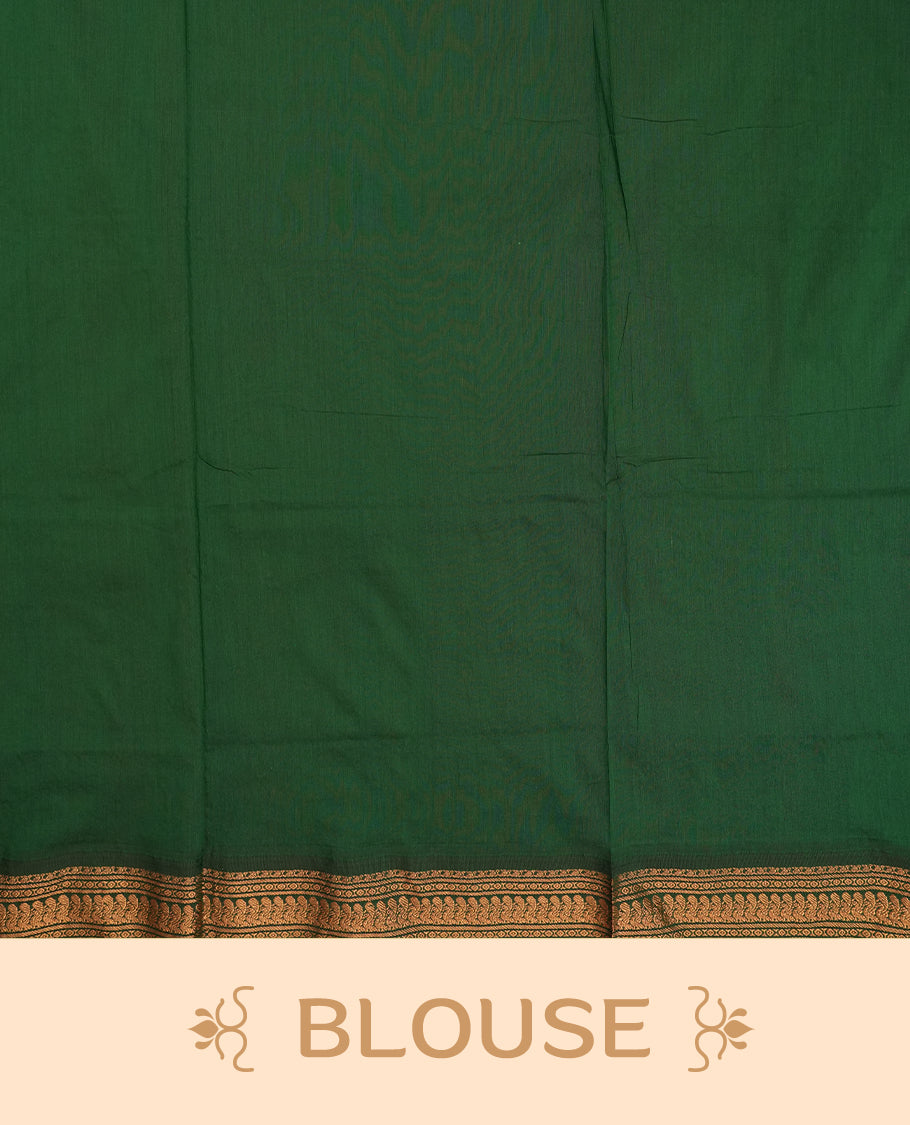 Maroon colour Kalyani Cotton saree with deep green border and pallu, adorned with copper zari motifs and intricate weaving & Comes with a matching blouse piece.