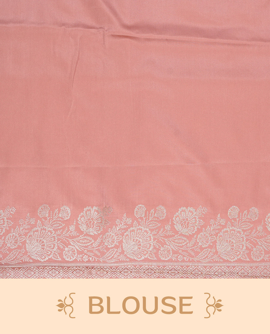 Peach colour Mulberry silk saree featuring light gold small buttas & big motifs onbody, complemented by self colour with Light gold zari floral Border, comes with matching blouse piece.